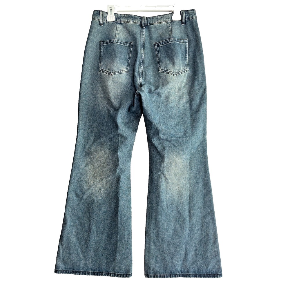 CIDER Women's L Lace Up Corset Distressed Wide Flare Fringe Jeans Y2K Festival - Picture 4 of 8